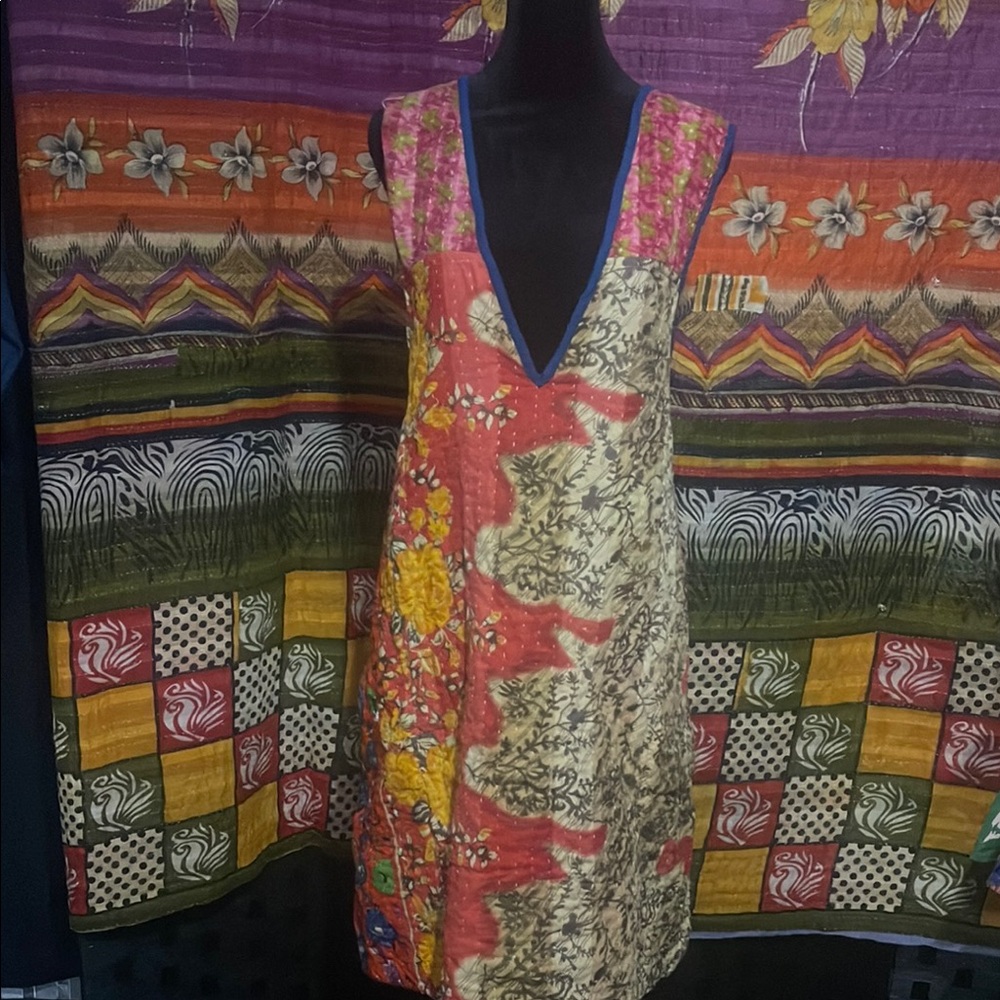 NWOT Karma  Asymmetrical Dress with V-Neckline 
Kantha dress made in India .